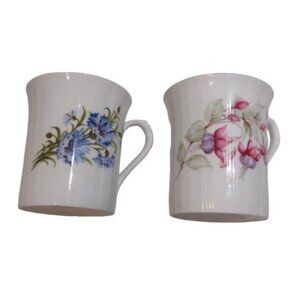 Vintage Royal Devon Bone China Tea Mugs Floral Decorations Ribbed with Gold Rims